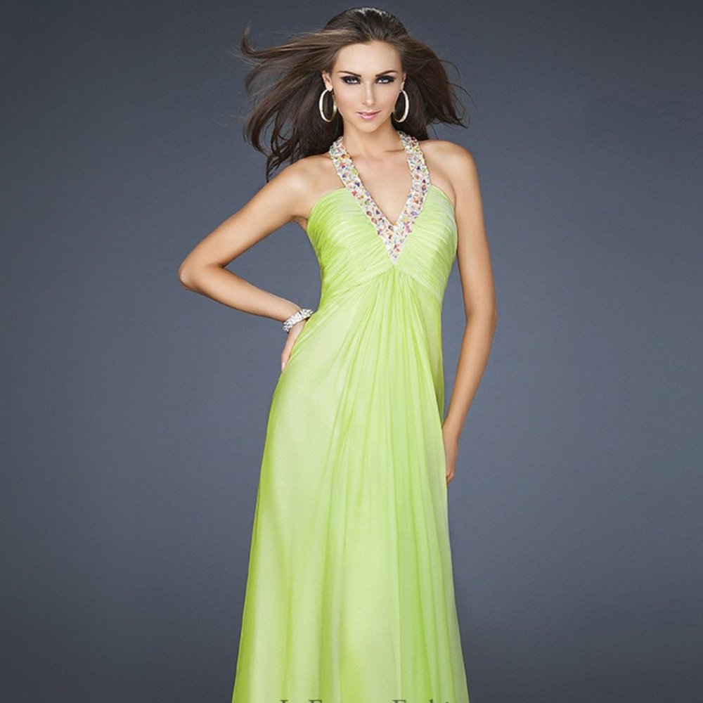 La Femme 17448 Lime Chiffon Halter Dress